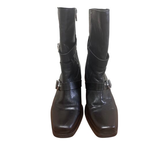 ZARA Black Leather Tall Buckle Boots | Square Toe Wedge Heel | Size 39 (US 8.5 - Picture 2 of 8